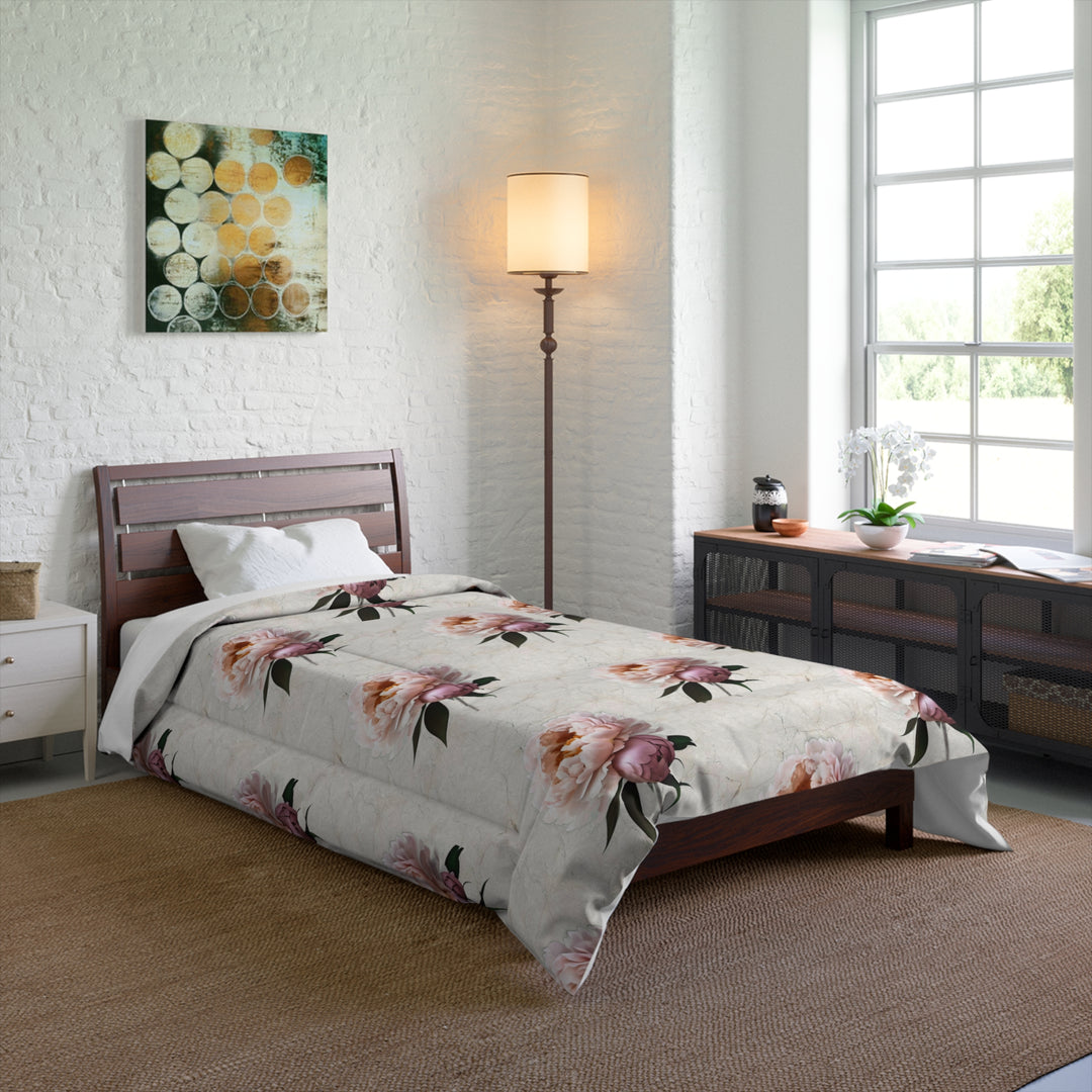Peach Peony on cream Comforter