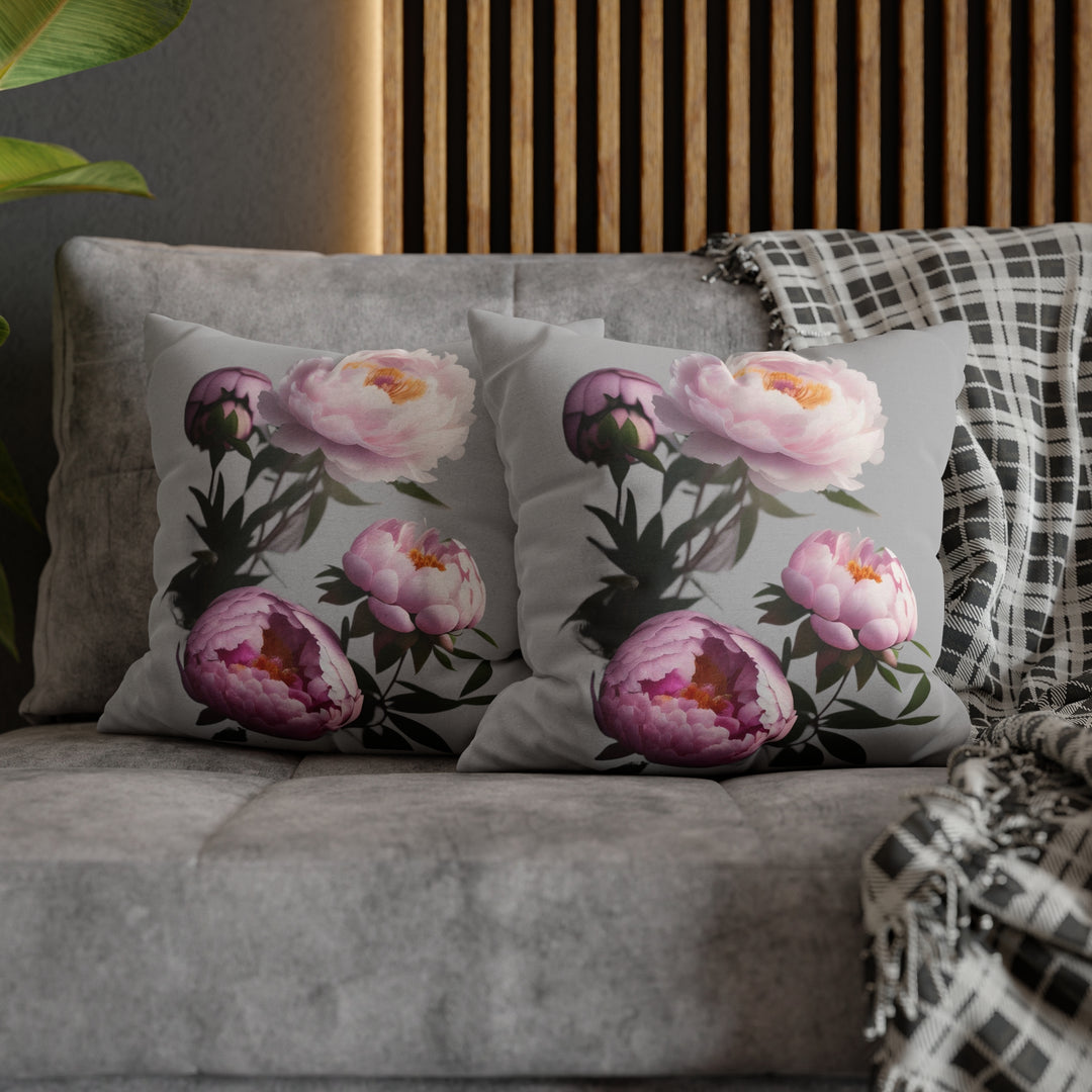 Peony Bouquet on Grey Spun Polyester Square Pillow Case