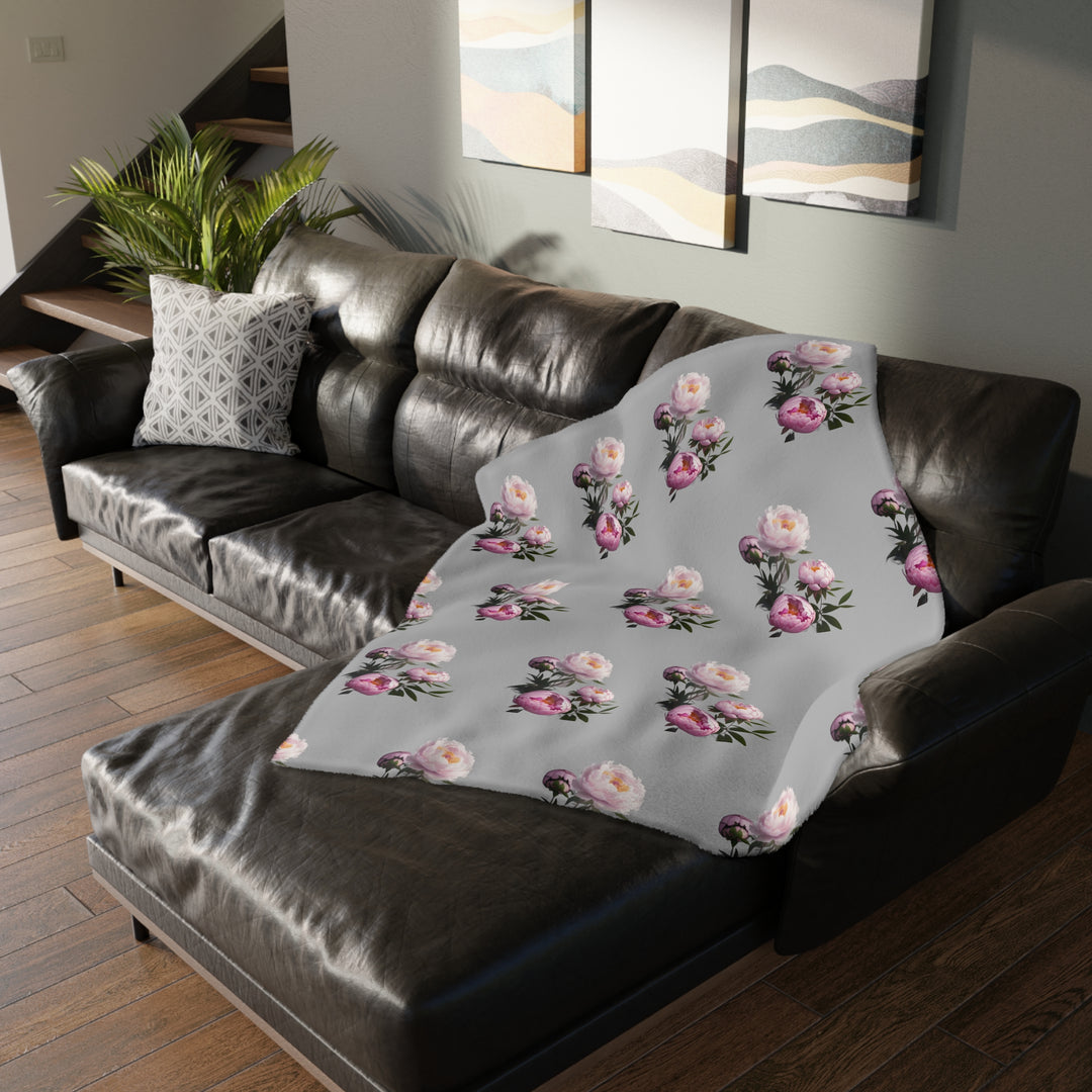 Peony Bouquet on Grey Velveteen Minky Blanket (Two-sided print)