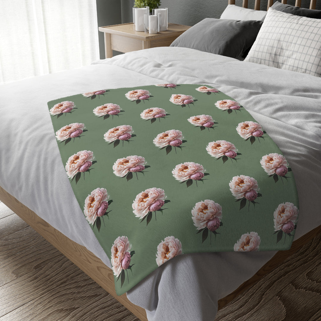 Peach Peony on 1886 Green Velveteen Minky Blanket (Two-sided print)