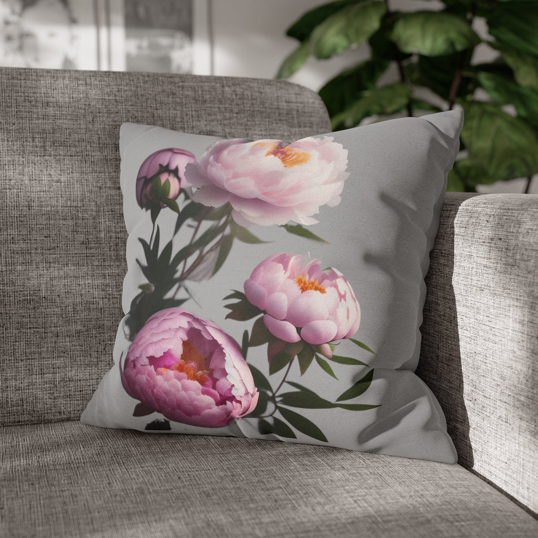 Peony Bouquet on Grey Spun Polyester Square Pillow Case