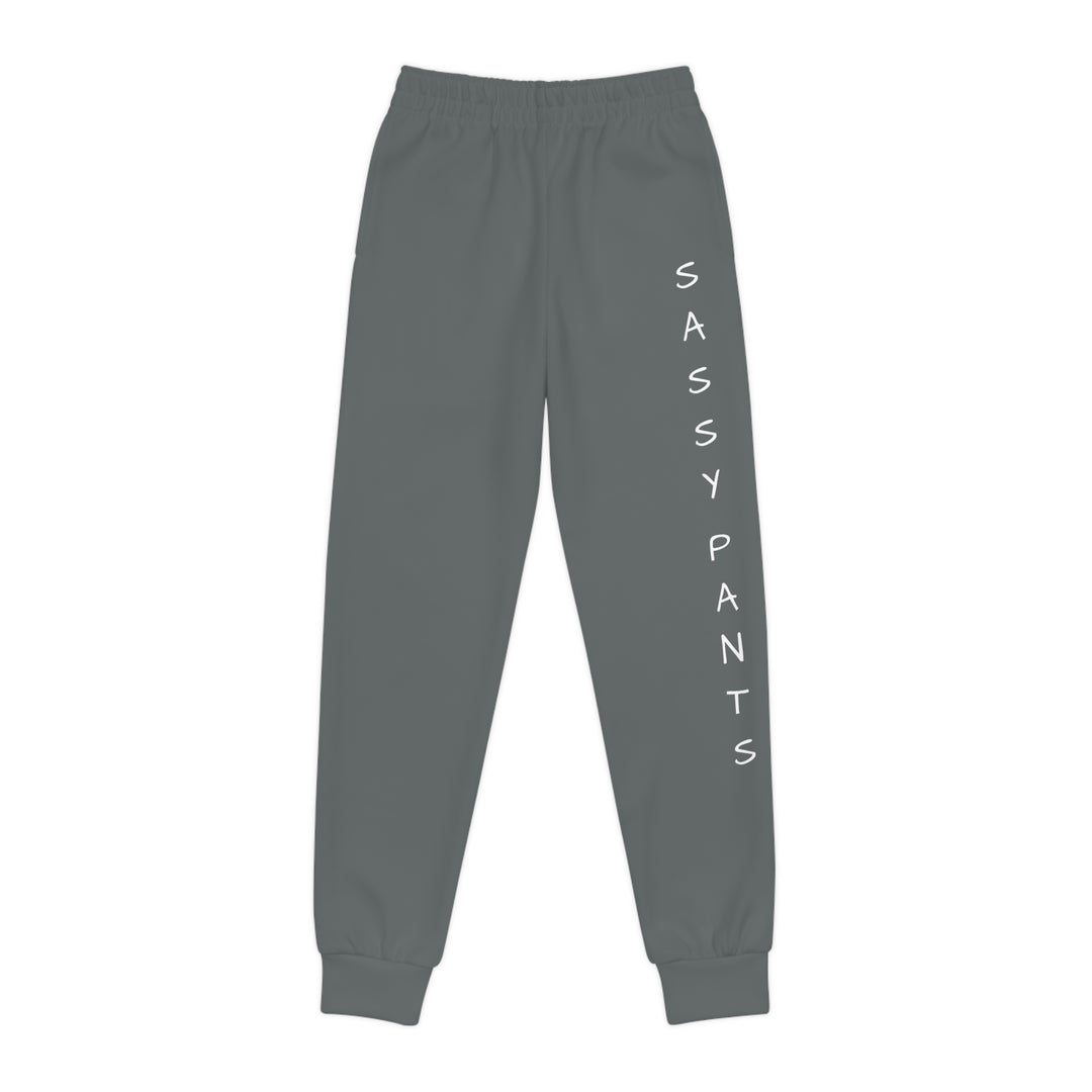 Dark Grey, White Letters Sassy Pants Youth Joggers (AOP)