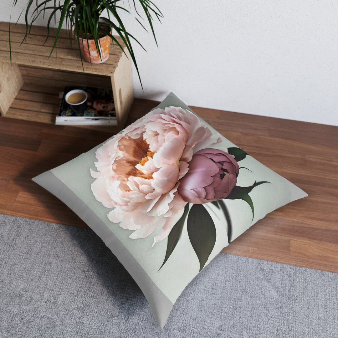 Peach Peonies on mint with grey edges Tufted Floor Pillow, Square