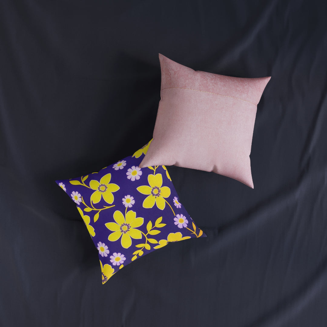Yellow  Flowers, on navy Square Pillow - Pink Back