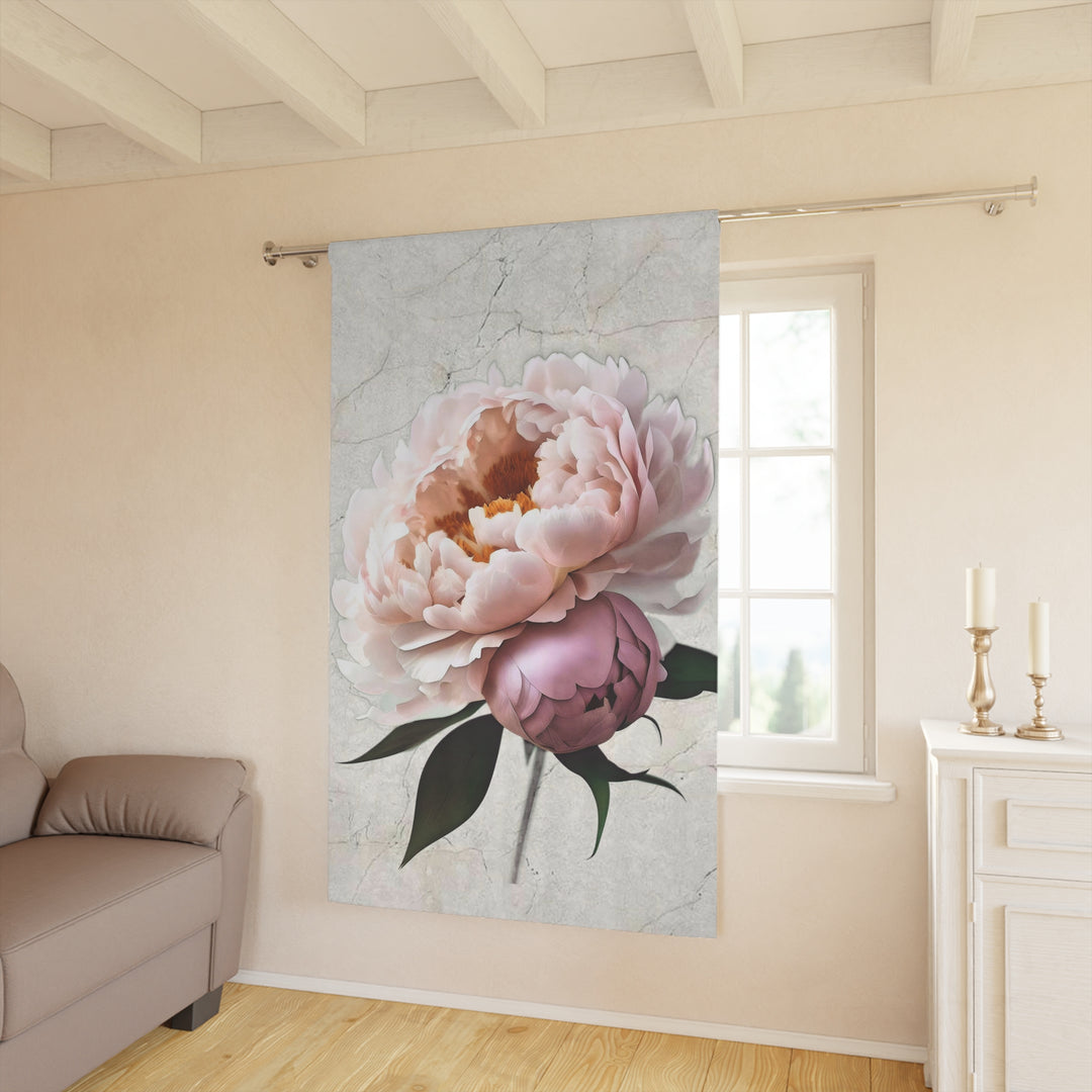 Peach Peonies on Marbled Cream Blackout Window Curtains (1 Piece)