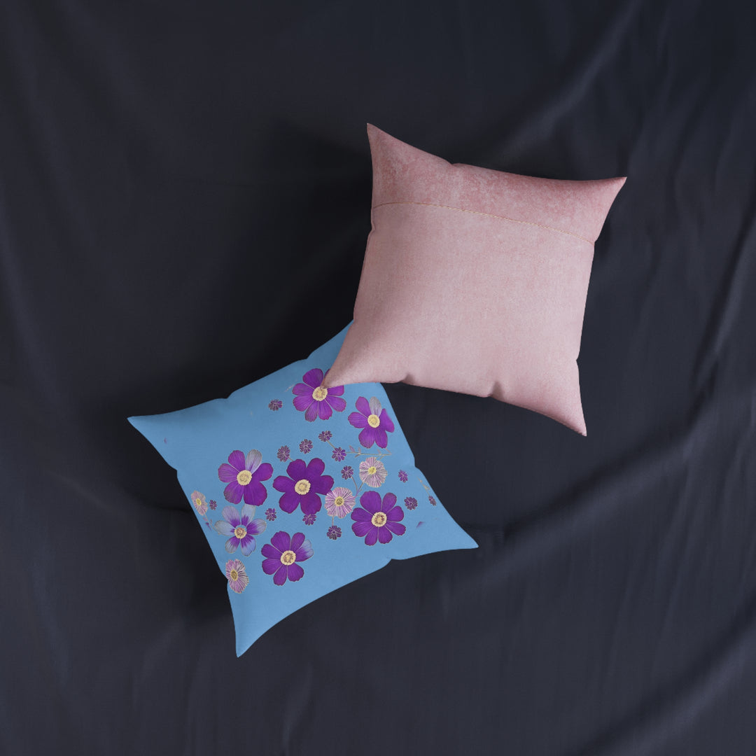 Blue &Purple Flowers, Square Pillow - Pink Back