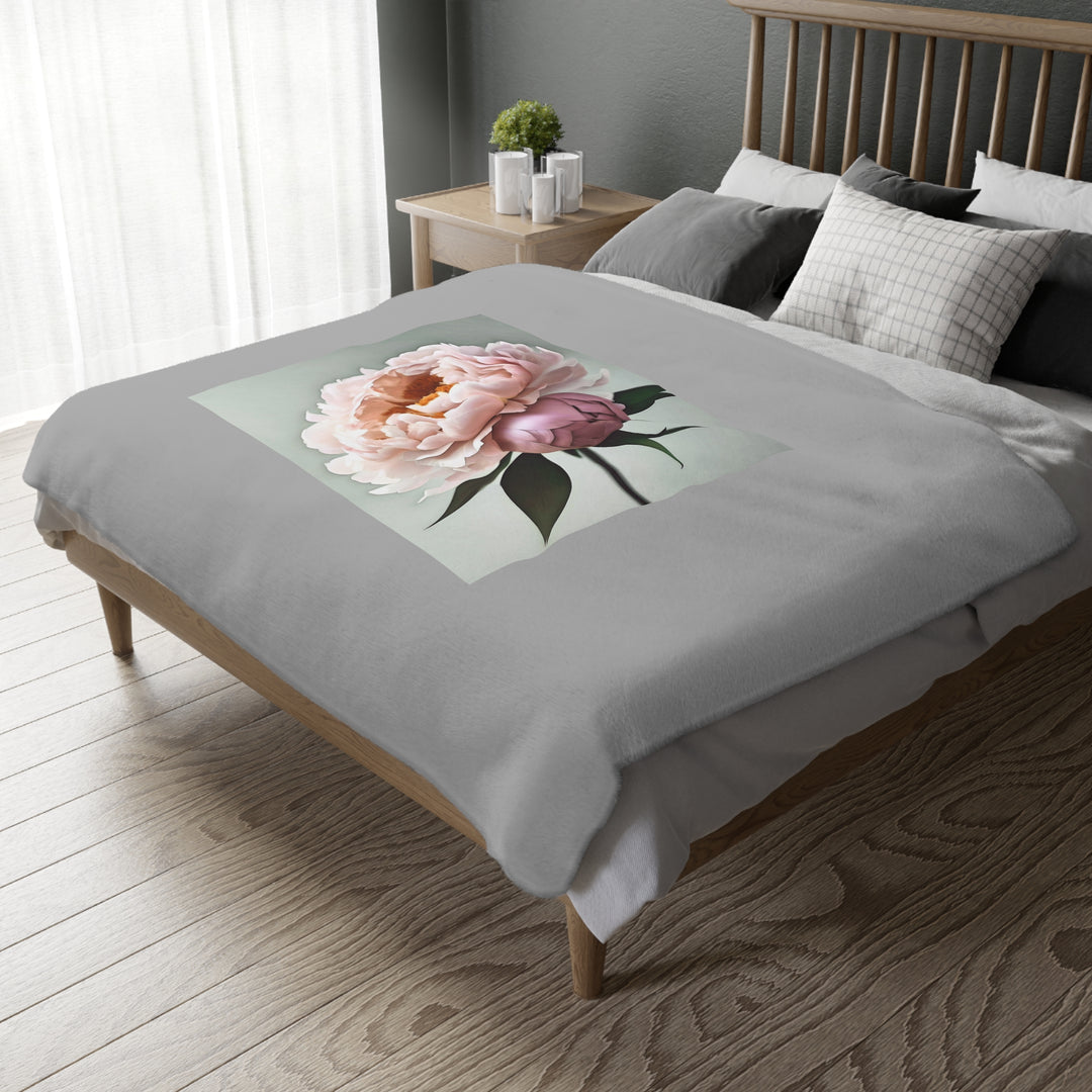 Peach Peony on Mint, grey border Velveteen Minky Blanket (Two-sided print)