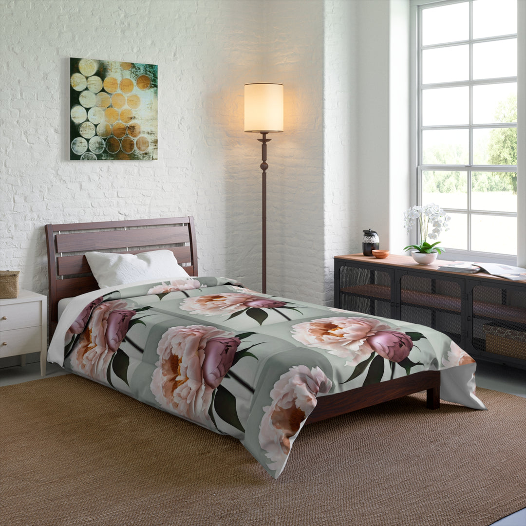 Peach Peonies Style 2 on Mint Comforter