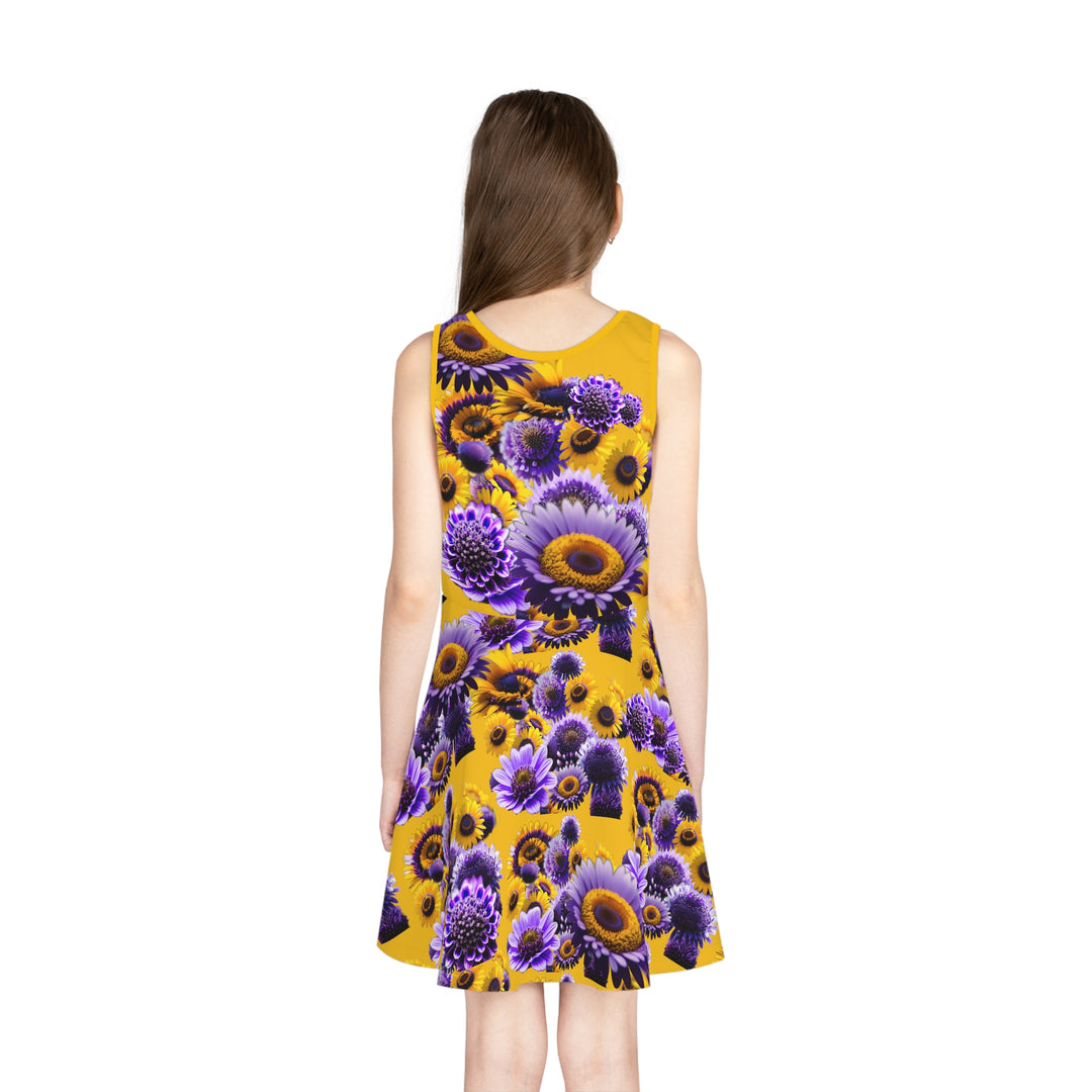 Purple flowers on yellow Girls' Sleeveless Sundress (AOP)