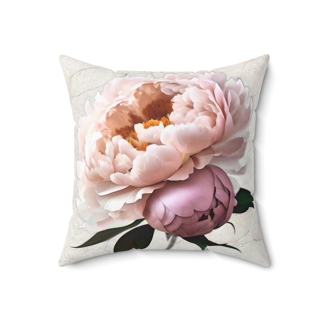 Peach Peony on Marbled Cream Faux Suede Square Pillow