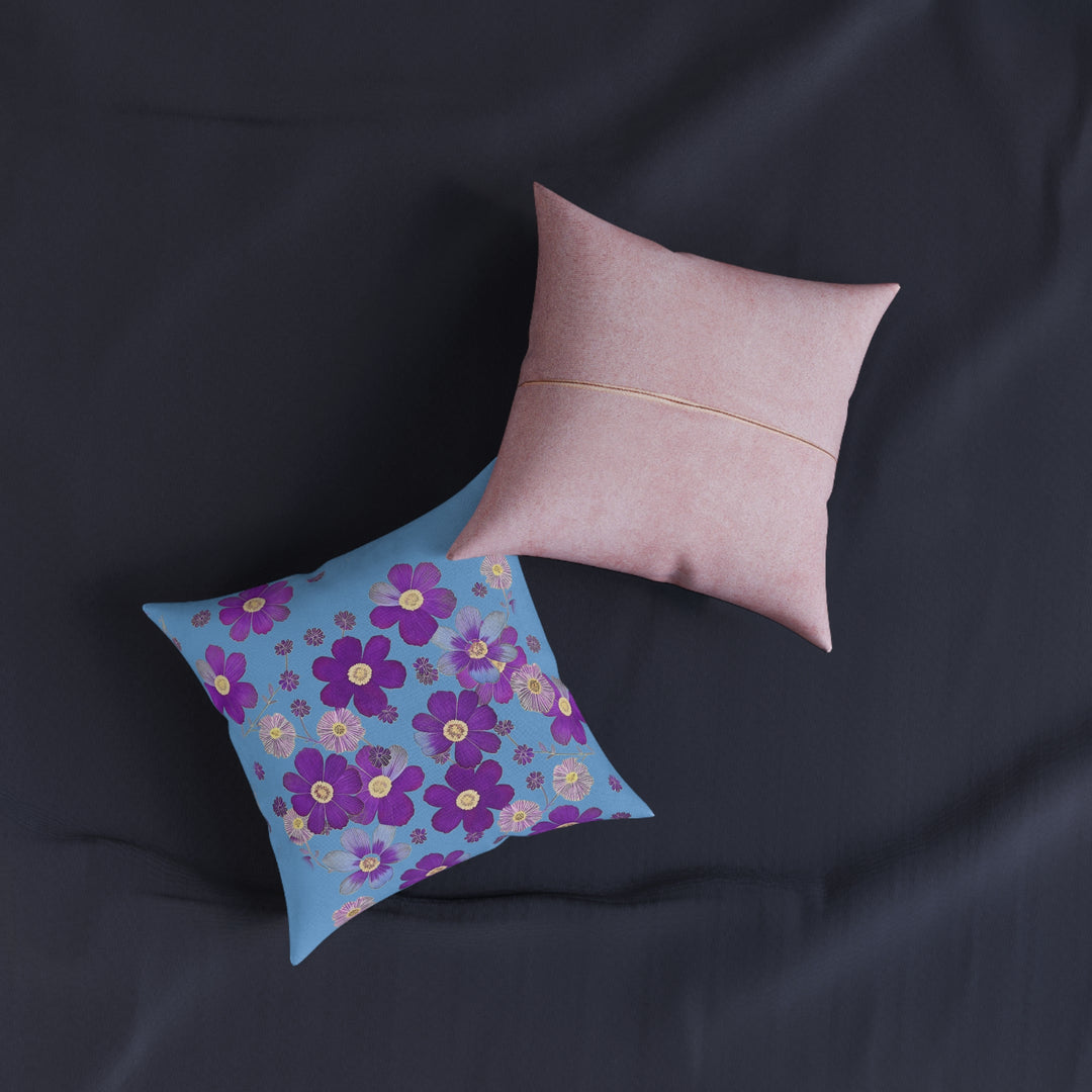 Showers of Blue &Purple Flowers, Square Pillow - Pink Back