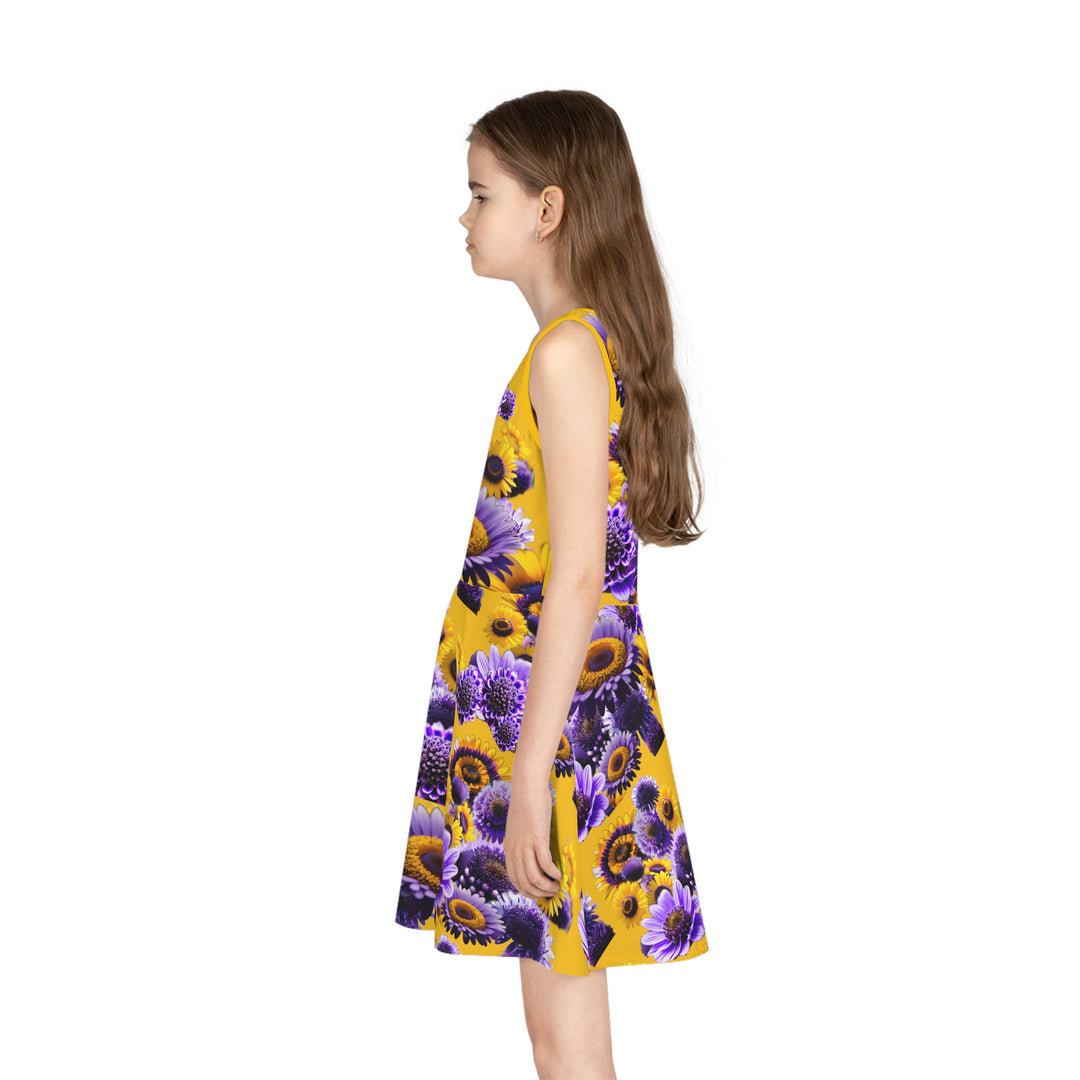 Purple flowers on yellow Girls' Sleeveless Sundress (AOP)