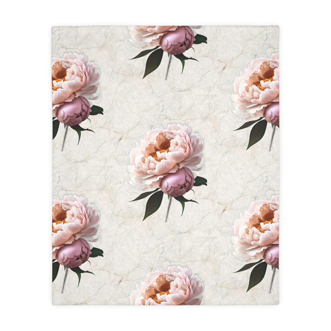Peach Peony on Marbled Cream Velveteen Minky Blanket (Two-sided print)