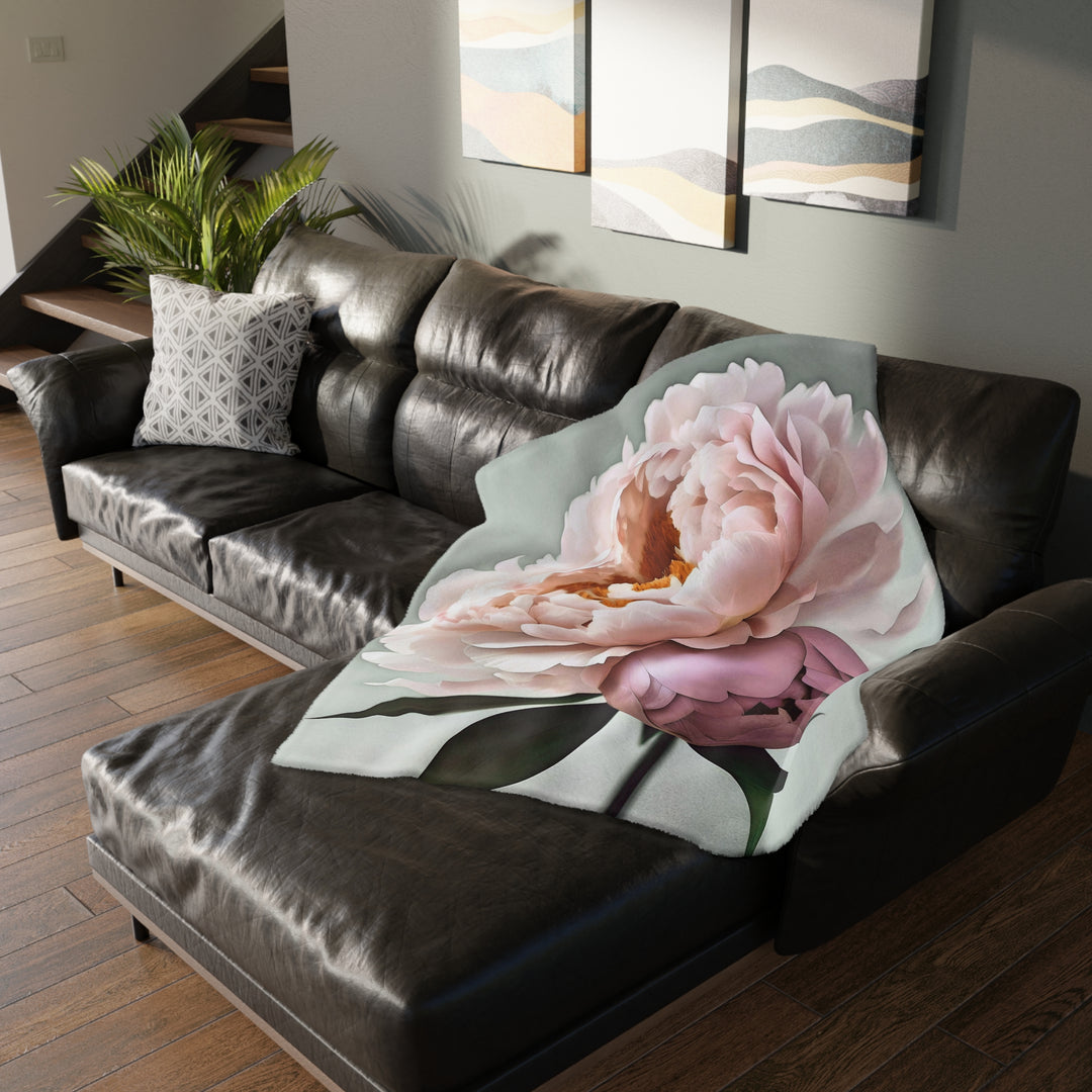 Peach Peony on Mint, grey border Velveteen Minky Blanket (Two-sided print)
