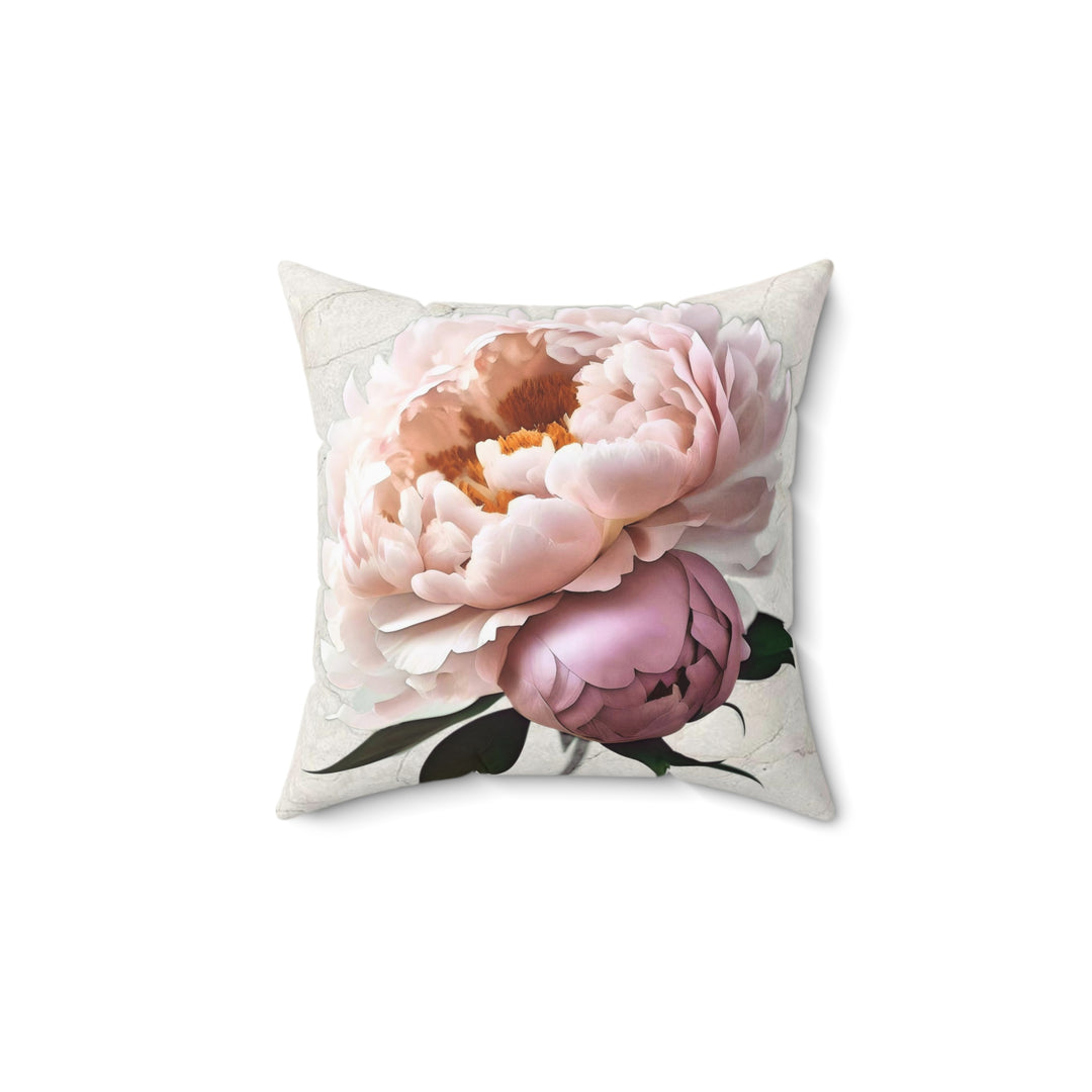 Peach Peony on Marbled Cream Faux Suede Square Pillow