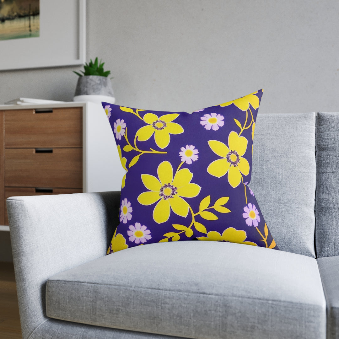 Yellow  Flowers, on navy Square Pillow - Pink Back