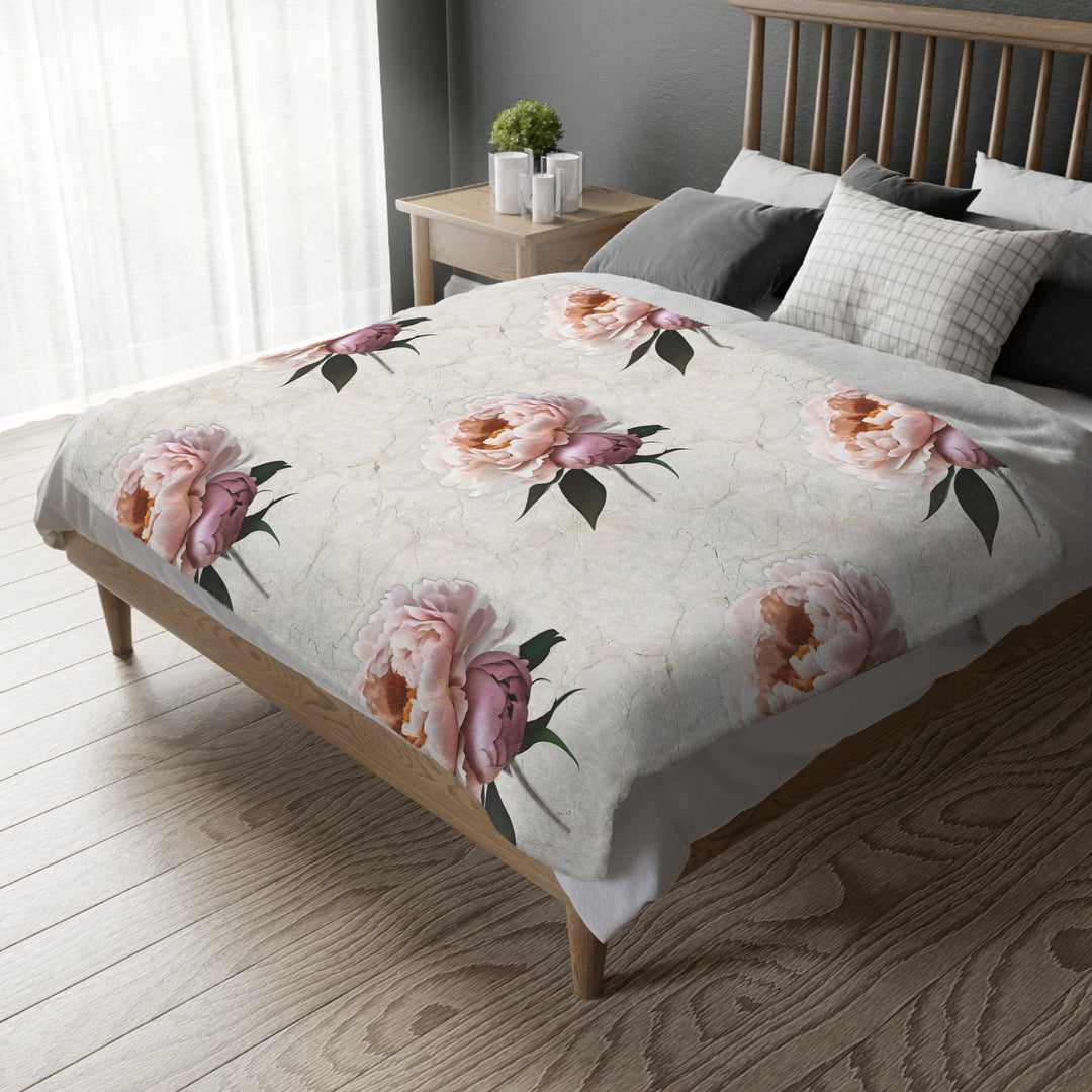 Peach Peony on Marbled Cream Velveteen Minky Blanket (Two-sided print)