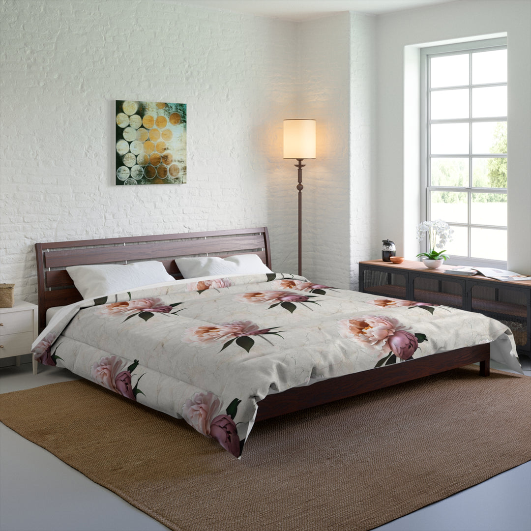 Peach Peony on cream Comforter