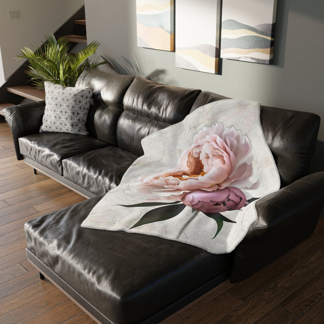 Peach Peony on Marbled Cream Velveteen Minky Blanket (Two-sided print)