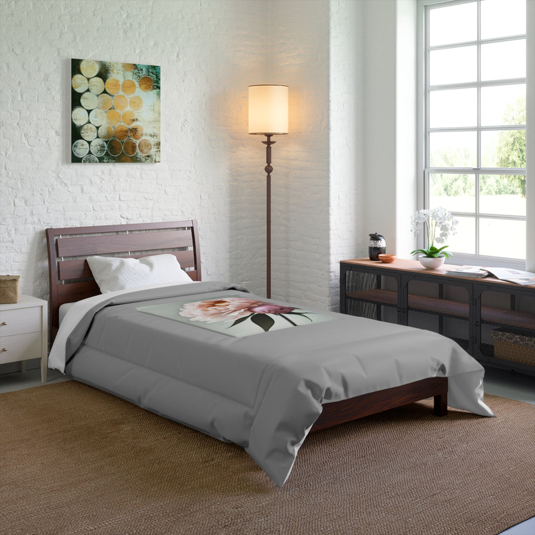 Copy of Peach Peonies Style 3 on Mint, light grey border Comforter