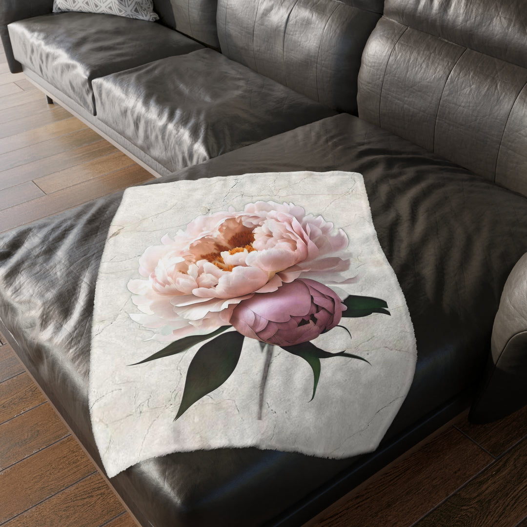Peach Peony on Marbled Cream Velveteen Minky Blanket (Two-sided print)