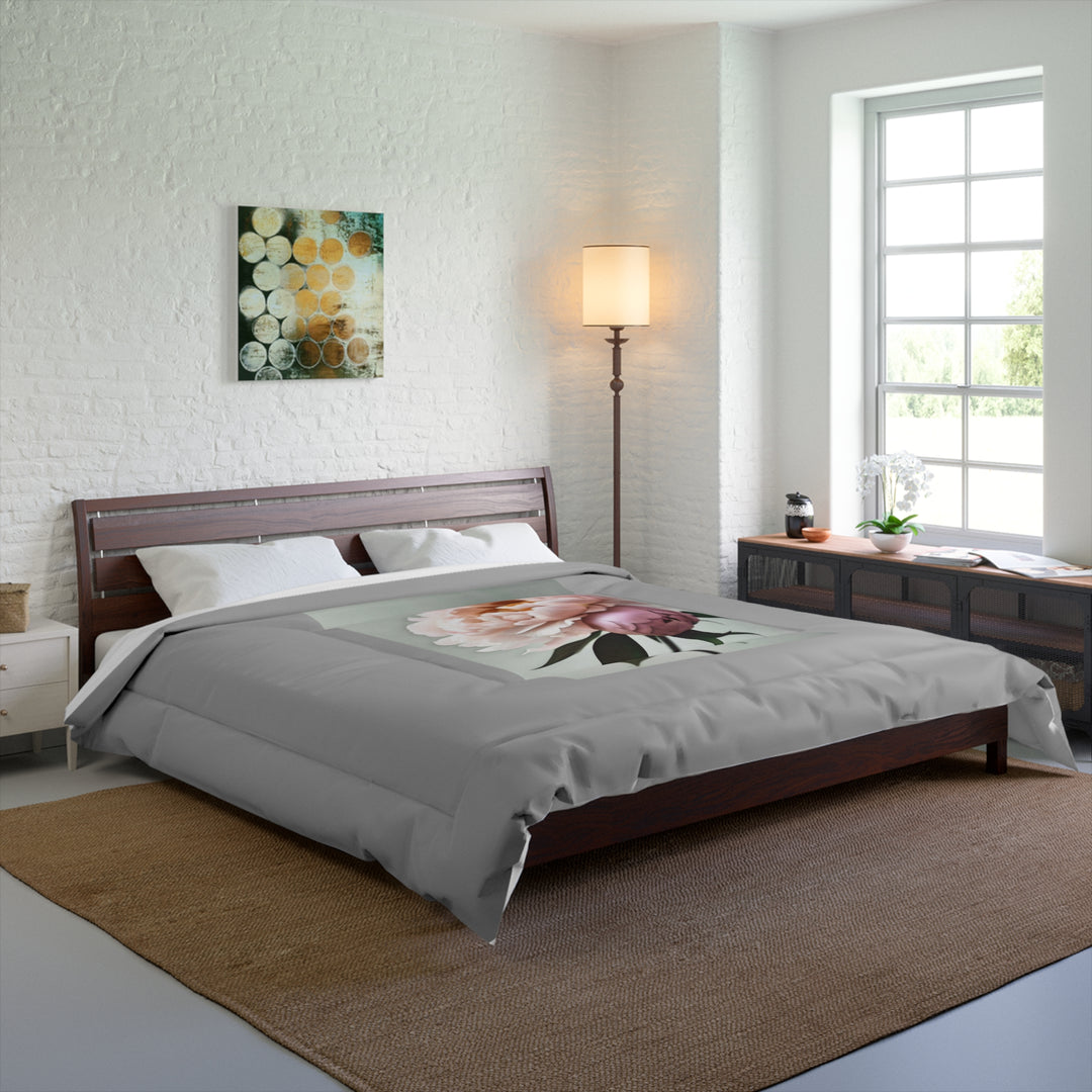 Copy of Peach Peonies Style 3 on Mint, light grey border Comforter