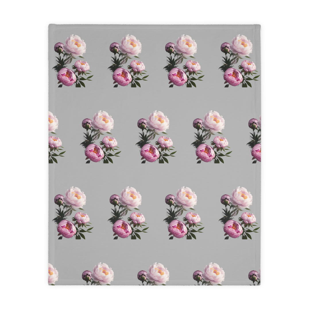 Peony Bouquet on Grey Velveteen Minky Blanket (Two-sided print)