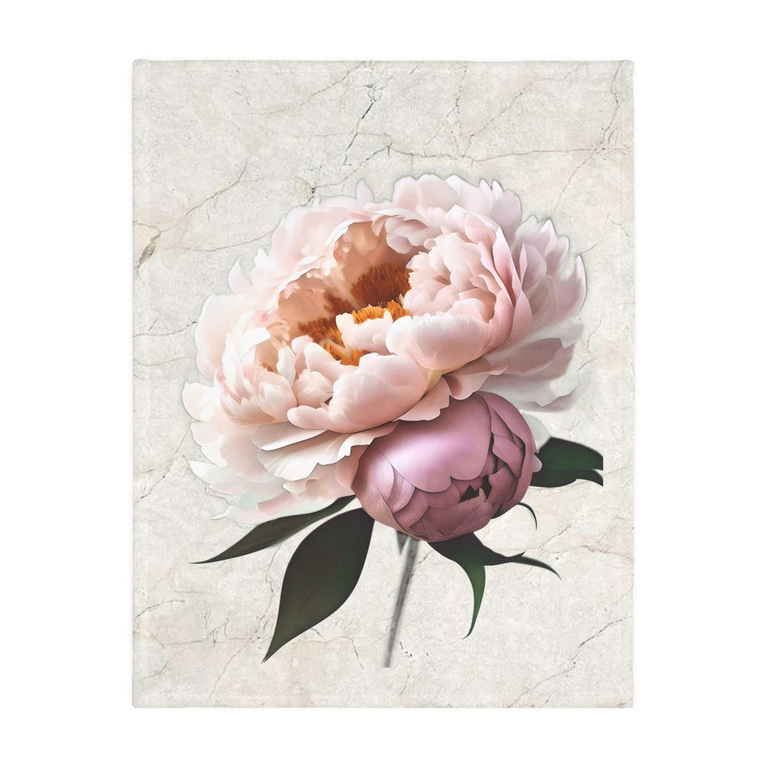 Peach Peony on Marbled Cream Velveteen Minky Blanket (Two-sided print)