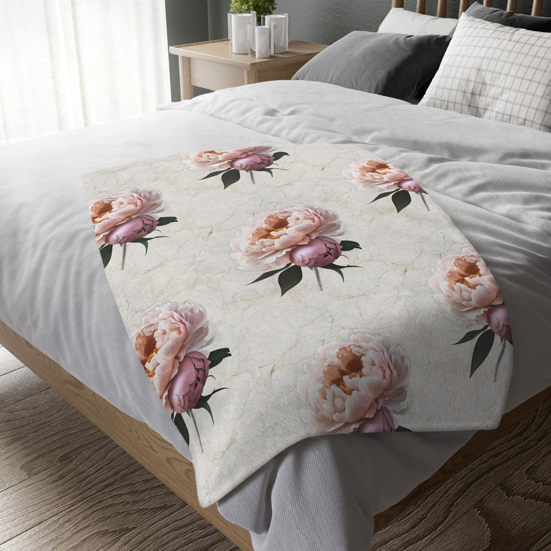 Peach Peony on Marbled Cream Velveteen Minky Blanket (Two-sided print)