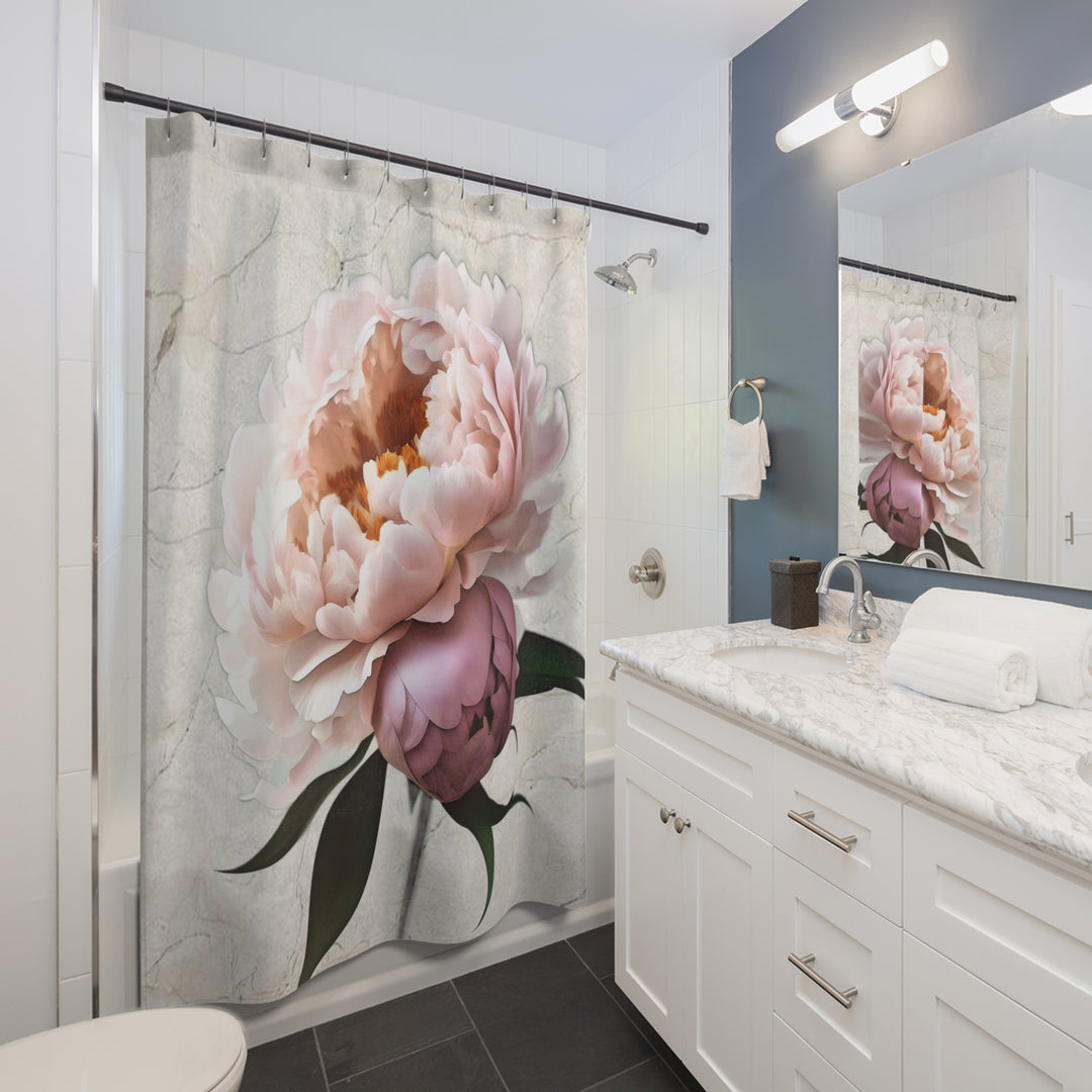 Single Peach Peony on Marbled Cream Shower Curtains