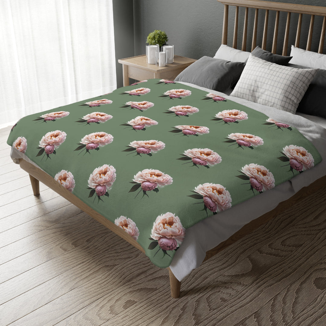 Peach Peony on 1886 Green Velveteen Minky Blanket (Two-sided print)