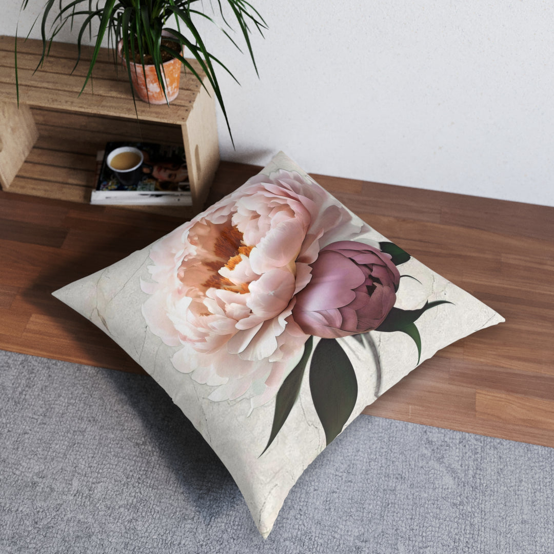 Peach Peonies on CreamTufted Floor Pillow, Square