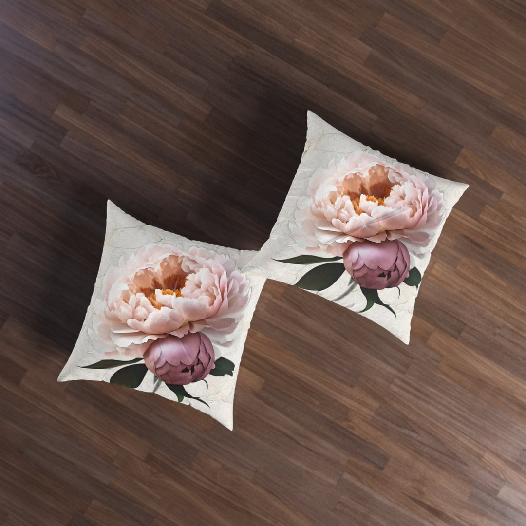 Peach Peonies on CreamTufted Floor Pillow, Square