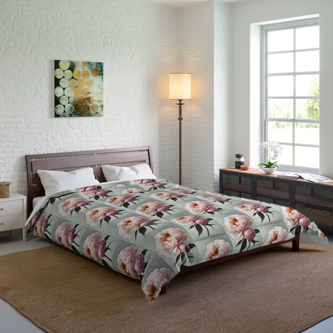 Peach Peonies on Mint Comforter