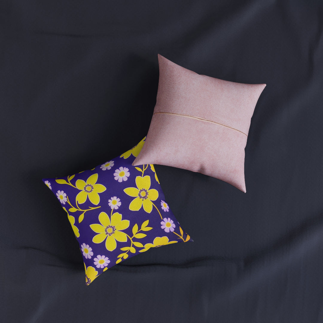Yellow  Flowers, on navy Square Pillow - Pink Back