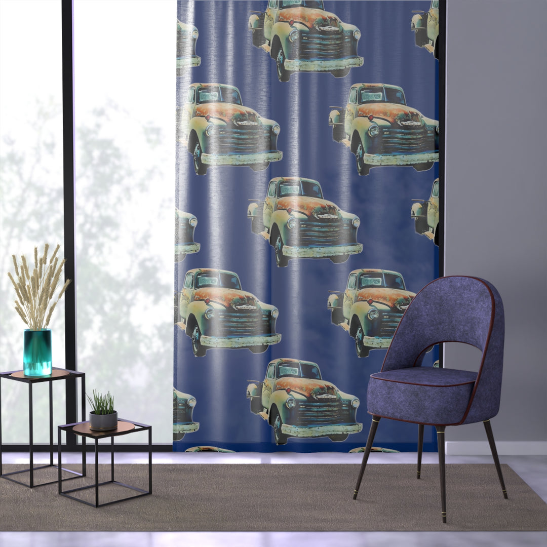 1953 Antique Truck , Blue Sheer Window Curtain