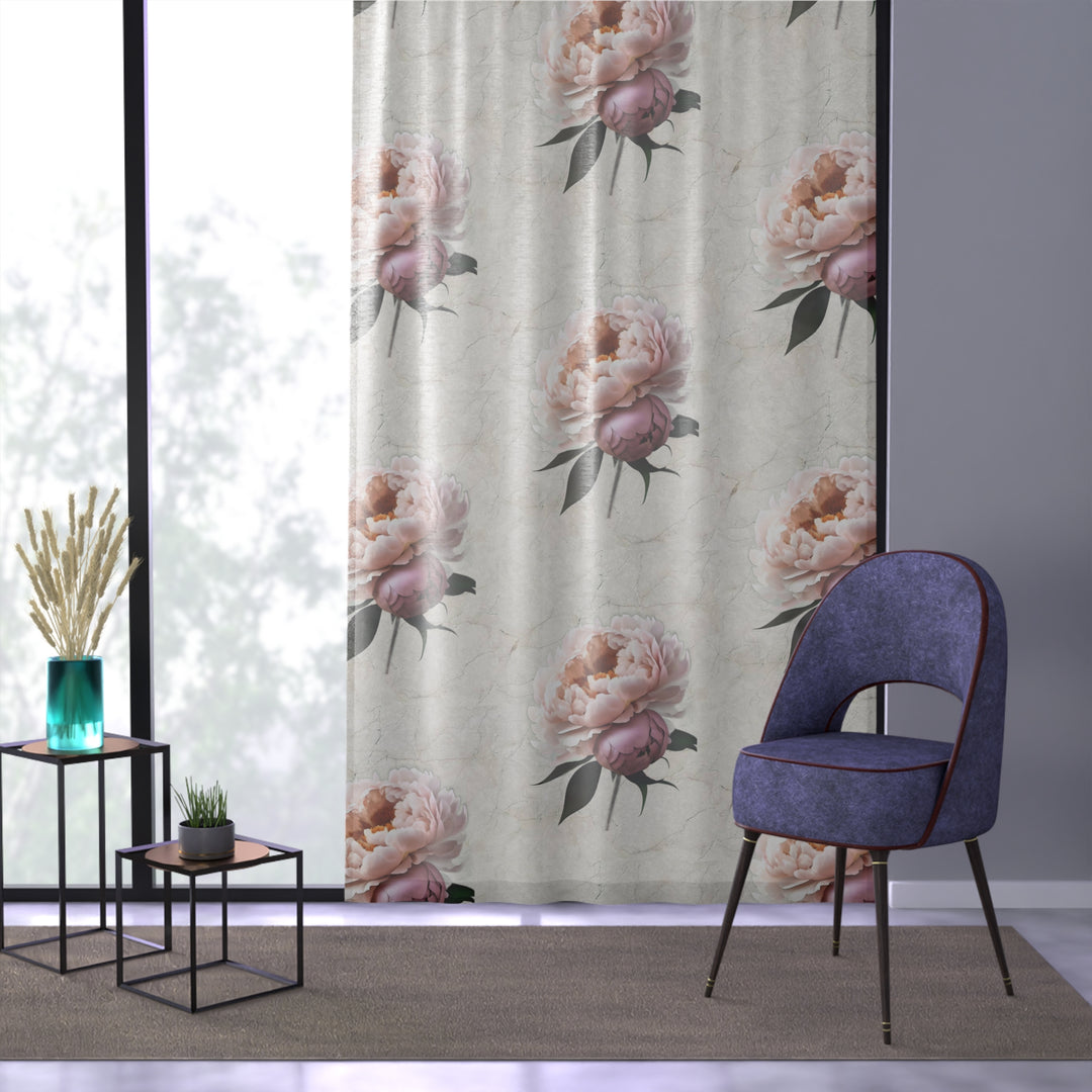 Peach Peonies on Cream Window Curtain
