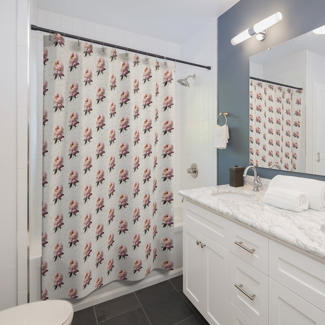 Peach Peonies on Marbled Cream Shower Curtains
