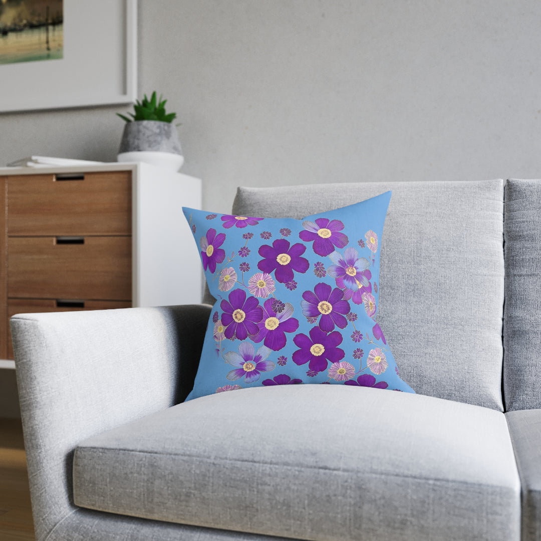 Showers of Blue &Purple Flowers, Square Pillow - Pink Back