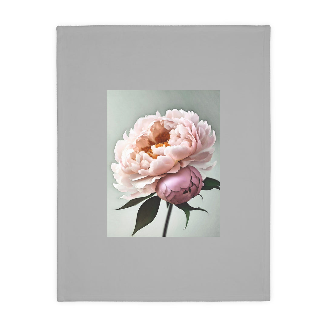 Peach Peony on Mint, grey border Velveteen Minky Blanket (Two-sided print)
