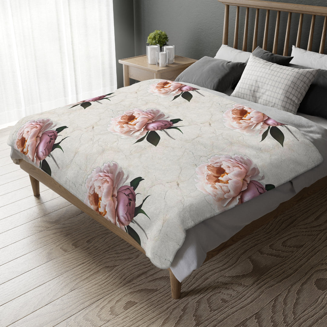 Peach Peony on Marbled Cream Velveteen Minky Blanket (Two-sided print)