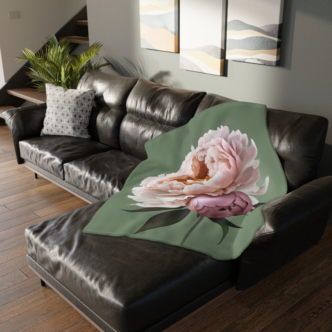 Peach Peony on 1886 Green Velveteen Minky Blanket (Two-sided print)