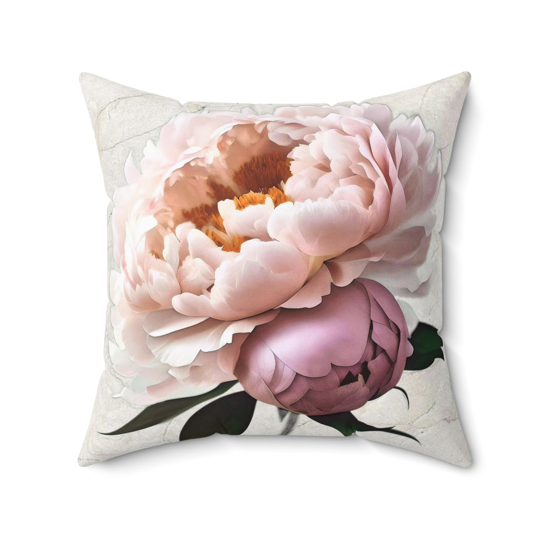 Peach Peony on Marbled Cream Faux Suede Square Pillow