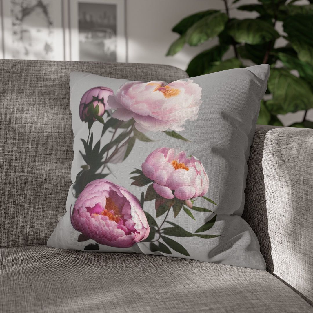 Peony Bouquet on Grey Spun Polyester Square Pillow Case