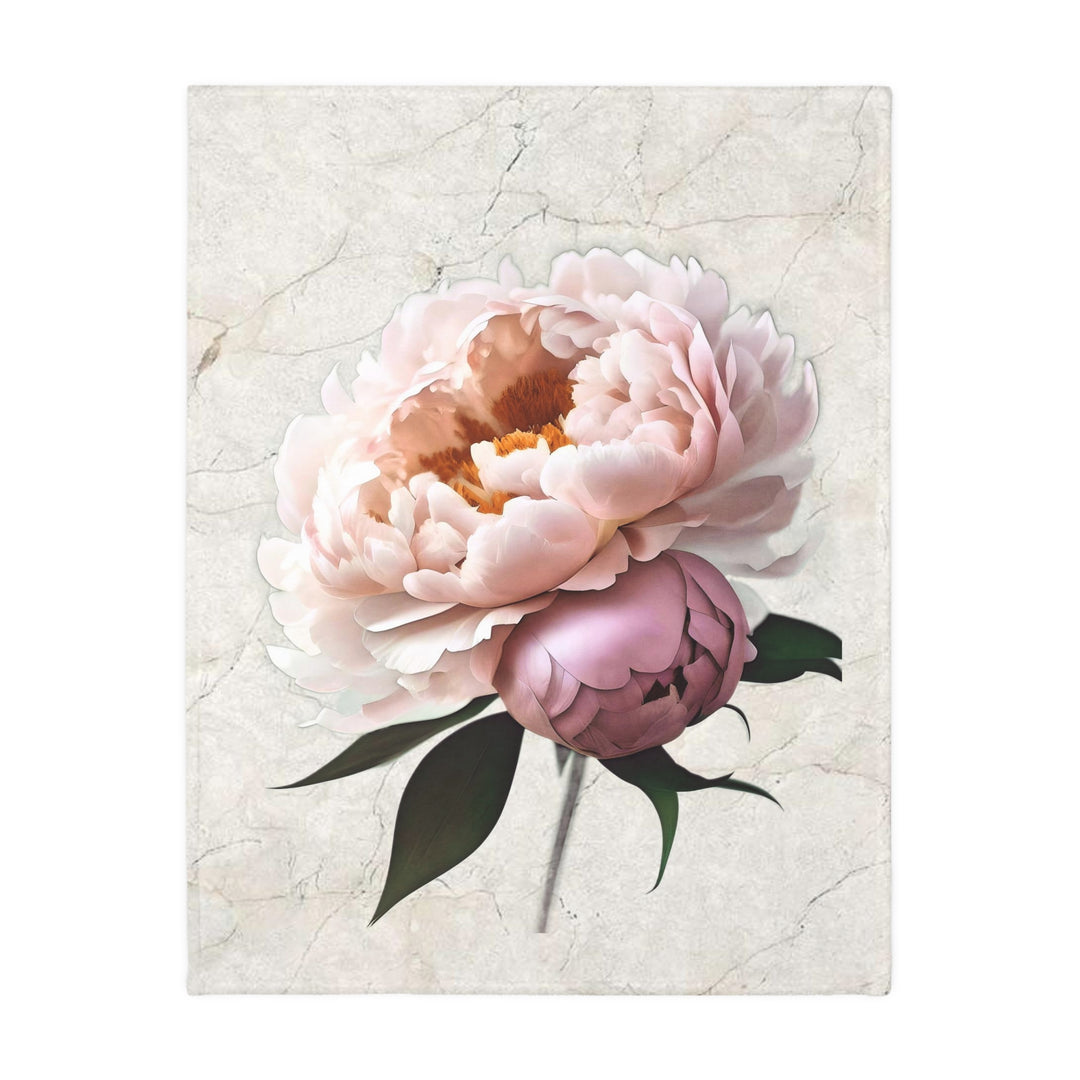 Peach Peony on Marbled Cream Velveteen Minky Blanket (Two-sided print)