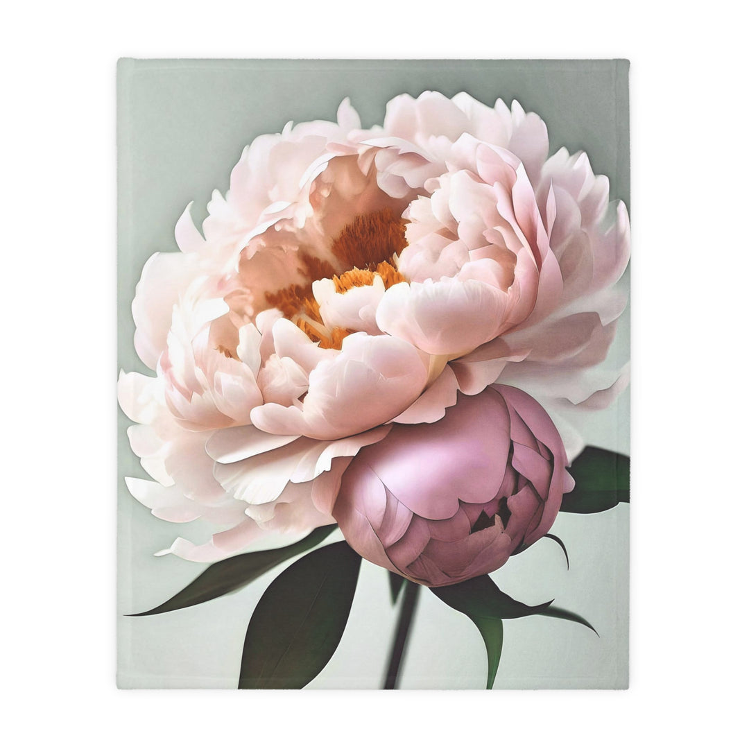 Peach Peony on Mint, grey border Velveteen Minky Blanket (Two-sided print)