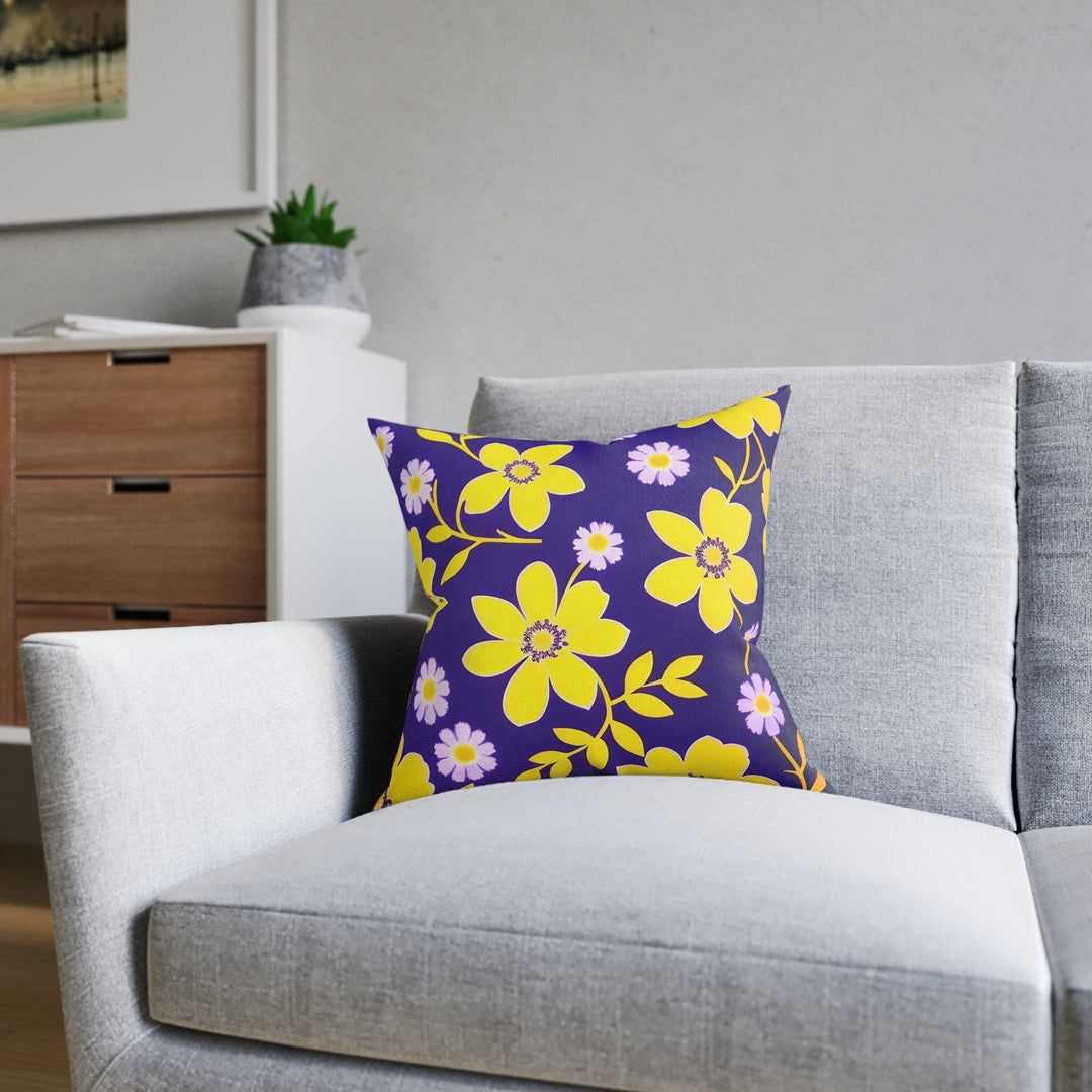 Yellow  Flowers, on navy Square Pillow - Pink Back