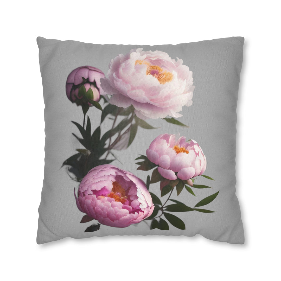 Peony Bouquet on Grey Spun Polyester Square Pillow Case