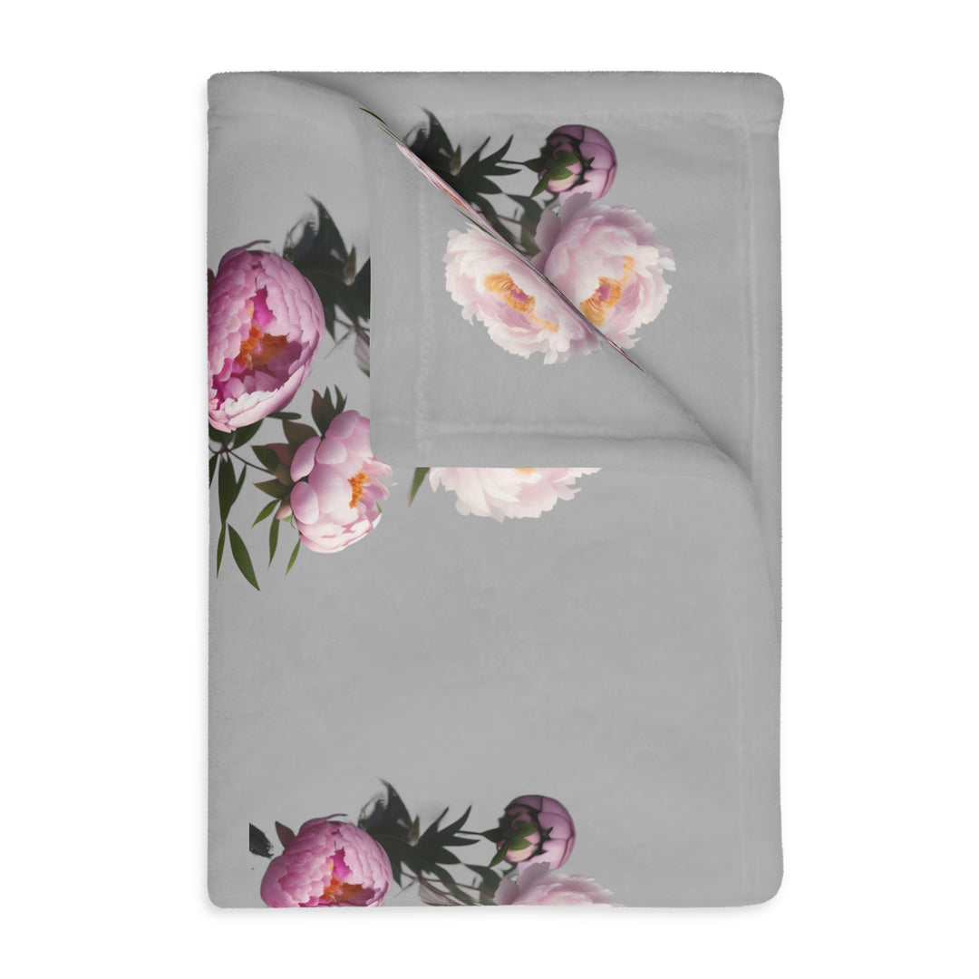 Peony Bouquet on Grey Velveteen Minky Blanket (Two-sided print)