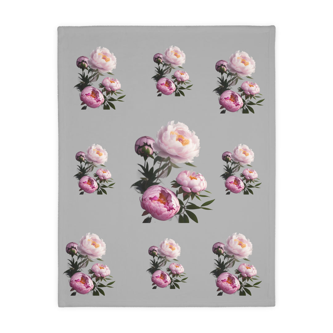 Peony Bouquet on Grey Velveteen Minky Blanket (Two-sided print)